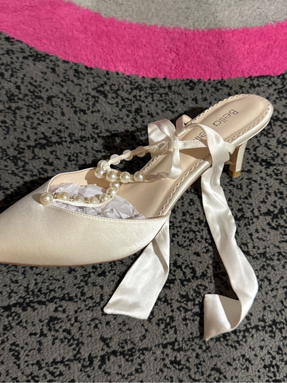 La Belle Ivory Satin Pearl-T Strap Heeled Mule with Ankle Ribbon